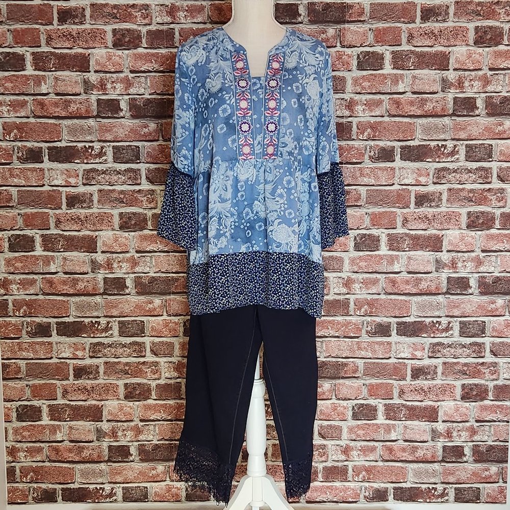 $25/both! Pioneer Woman pull-on denim pant with lace hem and embroidered tunic